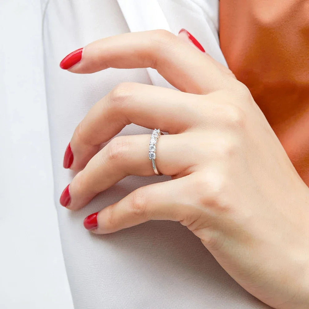 5 Stones Real D Color 4mm Full Moissanite Row Rings For Women 100% S925 Sterling Silver Band Fine Jewelry