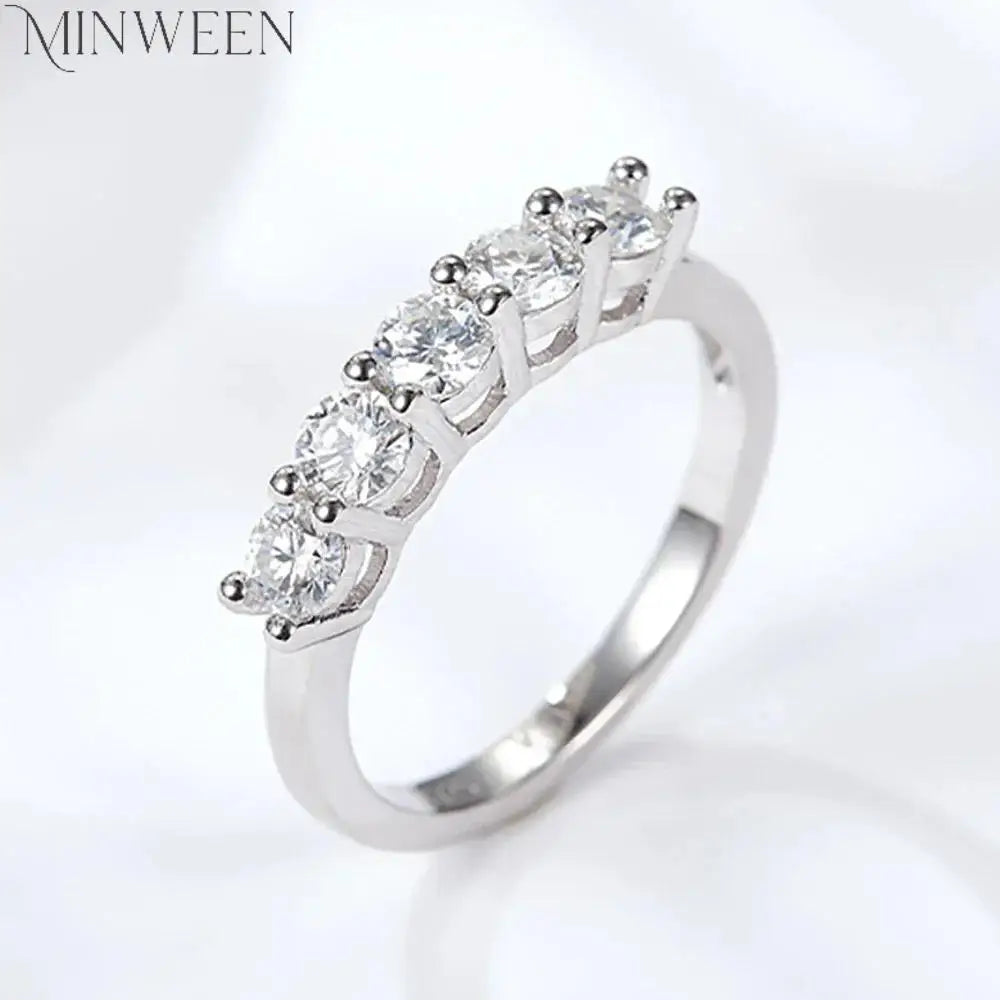 5 Stones Real D Color 4mm Full Moissanite Row Rings For Women 100% S925 Sterling Silver Band Fine Jewelry