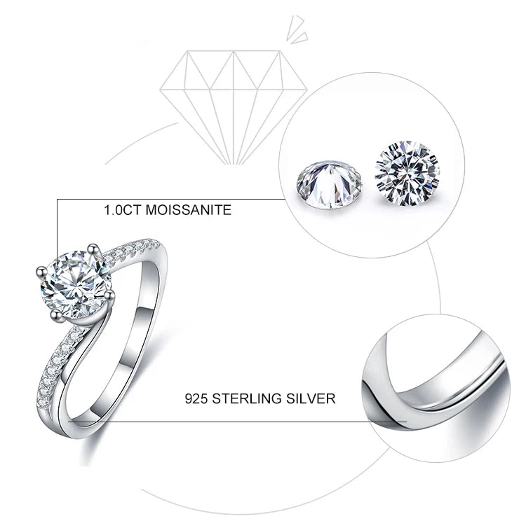 1ct Moissanite Stone Classic Design White Gold Plated Jewelry 925 Silver Engagement Ring for Gift