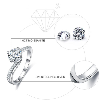 1ct Moissanite Stone Classic Design White Gold Plated Jewelry 925 Silver Engagement Ring for Gift