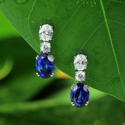 925 Silver 18K White Gold Plated 2.57ct Oval Blue Lab Grown Sapphire Gemstone Earrings