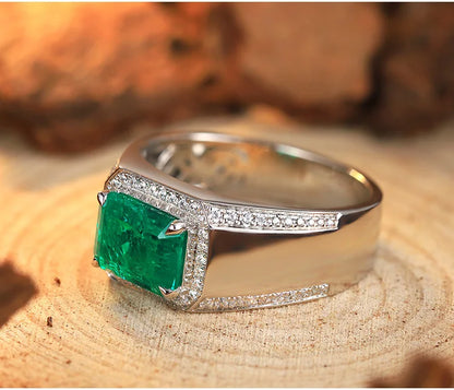 2025 High Quality 925 Sterling Silver 3 Carats Colombian Muzu Color Lab-grown Emerald Men Ring