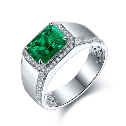 2025 High Quality 925 Sterling Silver 3 Carats Colombian Muzu Color Lab-grown Emerald Men Ring
