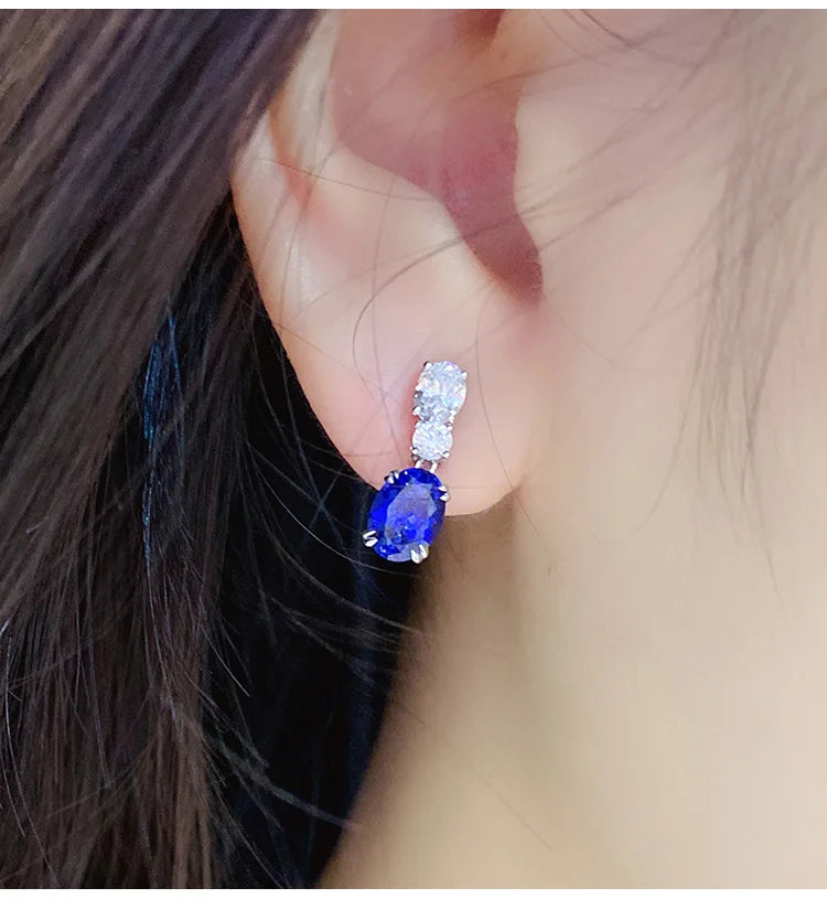 925 Silver 18K White Gold Plated 2.57ct Oval Blue Lab Grown Sapphire Gemstone Earrings