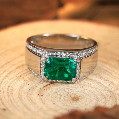 2025 High Quality 925 Sterling Silver 3 Carats Colombian Muzu Color Lab-grown Emerald Men Ring