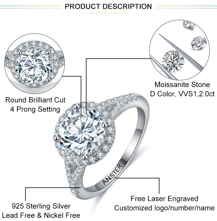 Fashion 2.0ct  Ideal Round Cut Womens Moissanite Band Ring With Certificate of Authenticity