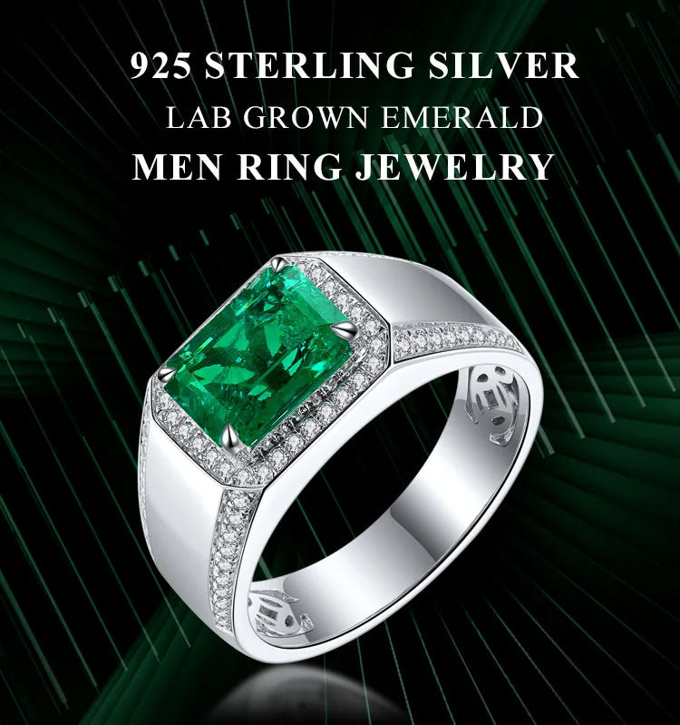 2025 High Quality 925 Sterling Silver 3 Carats Colombian Muzu Color Lab-grown Emerald Men Ring