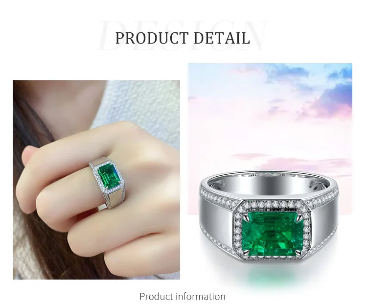 2025 High Quality 925 Sterling Silver 3 Carats Colombian Muzu Color Lab-grown Emerald Men Ring