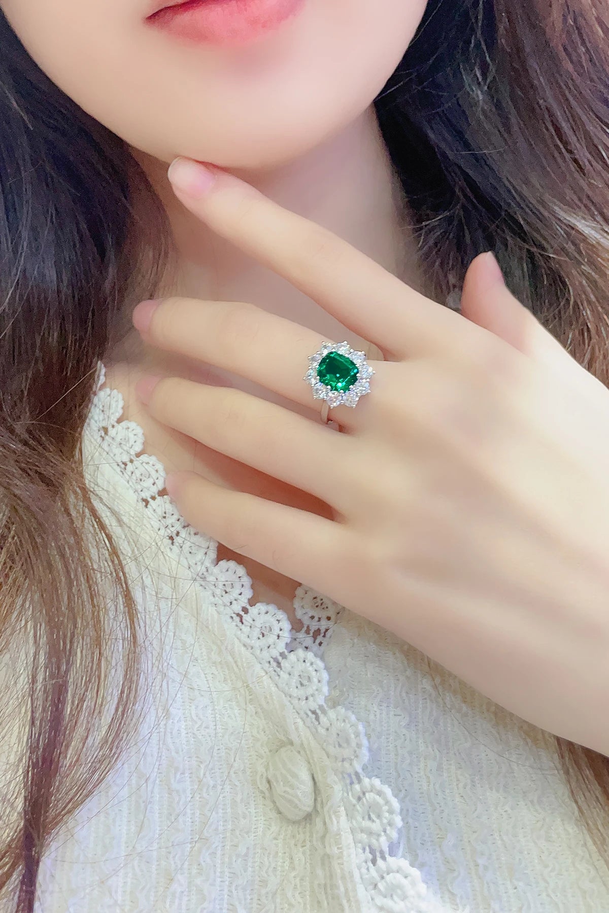 Fine Jewelry Ring Cushion Cut Lab Grown Colombian Emerald Stone 925 Sterling Silver Ring for Women