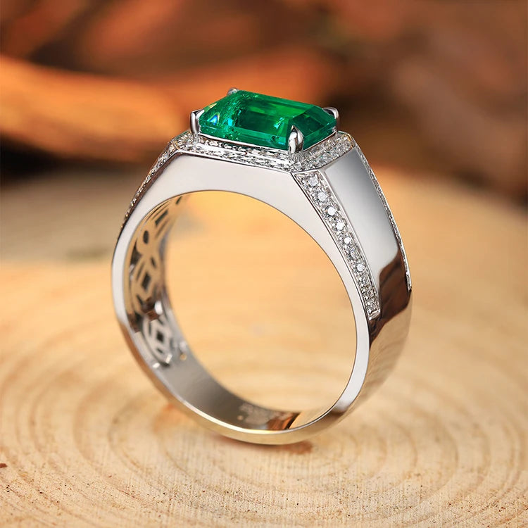 2025 High Quality 925 Sterling Silver 3 Carats Colombian Muzu Color Lab-grown Emerald Men Ring