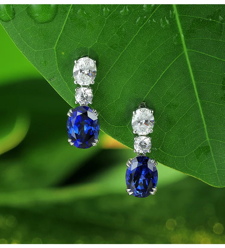 925 Silver 18K White Gold Plated 2.57ct Oval Blue Lab Grown Sapphire Gemstone Earrings