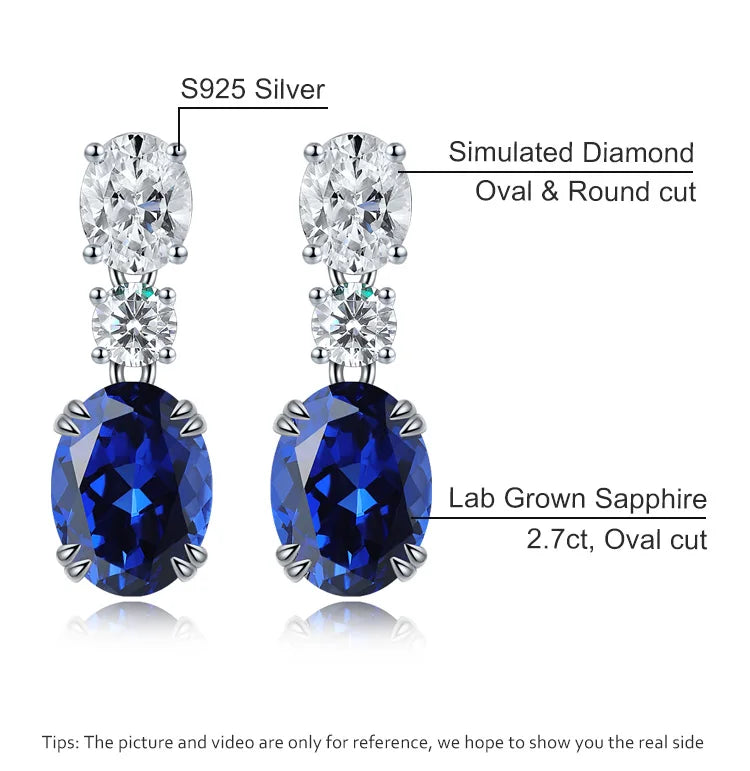 925 Silver 18K White Gold Plated 2.57ct Oval Blue Lab Grown Sapphire Gemstone Earrings