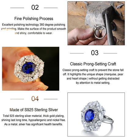 Luxury Royal Blue Lab Grown Sapphire Ring Pure 925 Silver Ring for Women Men