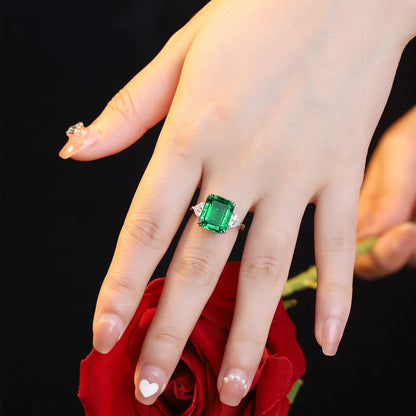 Lab Grown Emerald 3 Stone Ring 18K Real Gold Fine Jewelry Mothers Day Gift for Ladies