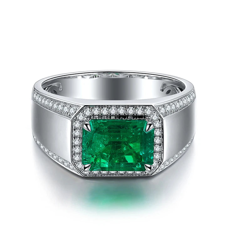 2025 High Quality 925 Sterling Silver 3 Carats Colombian Muzu Color Lab-grown Emerald Men Ring
