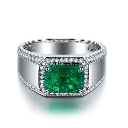 2025 High Quality 925 Sterling Silver 3 Carats Colombian Muzu Color Lab-grown Emerald Men Ring
