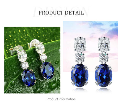 925 Silver 18K White Gold Plated 2.57ct Oval Blue Lab Grown Sapphire Gemstone Earrings