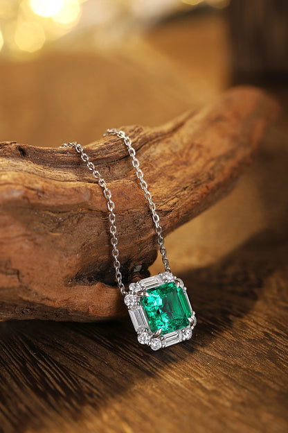 New Trendy Simple Lab Grown Emerald Pendant Asscher 8*8mm Sterling Silver Necklace Women Accessories Daily Wear for Gift