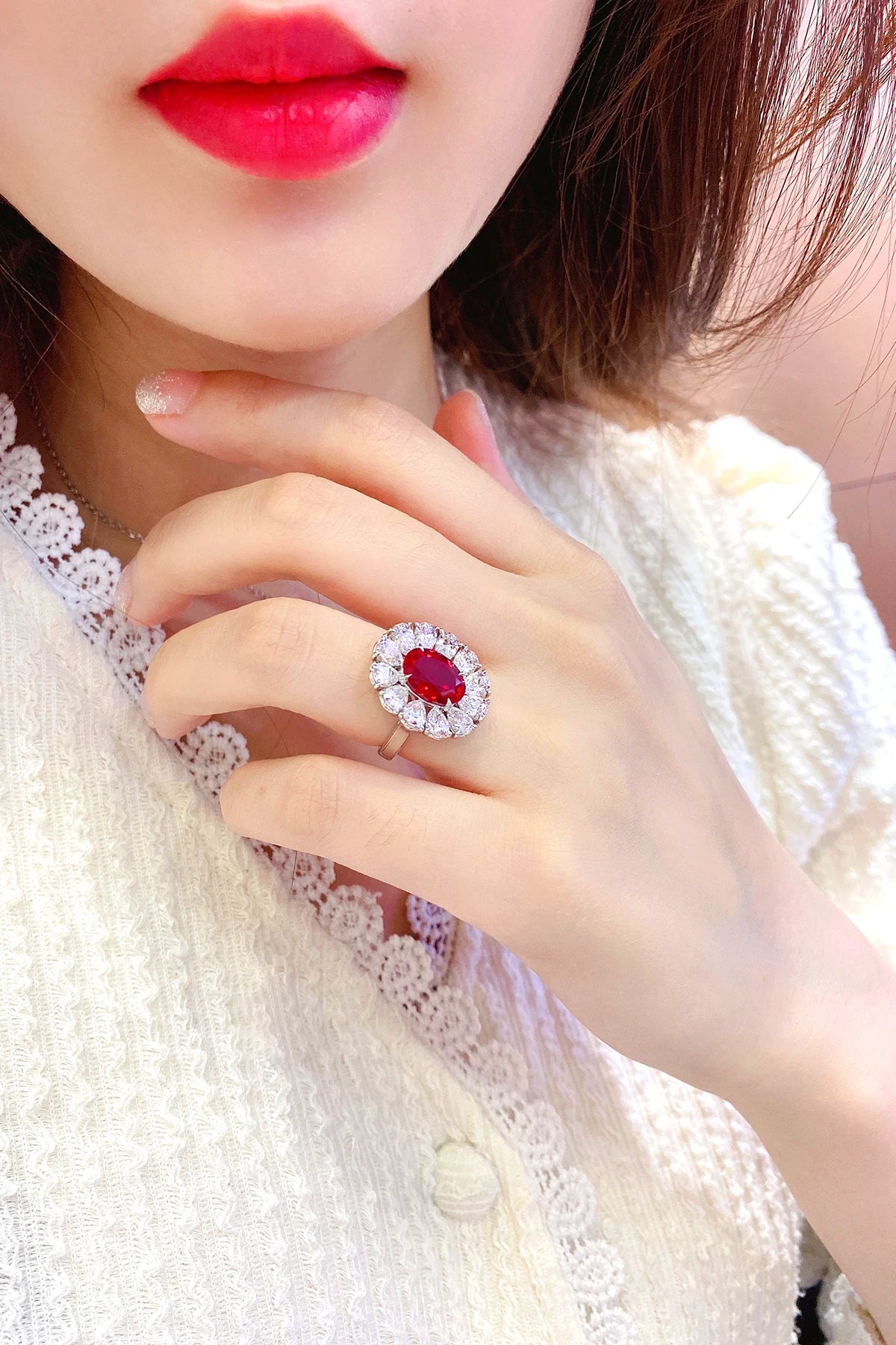 Hot Sale S925 Sterling Silver Lab Grown Ruby Ring Women Engagement Wedding Jewelry
