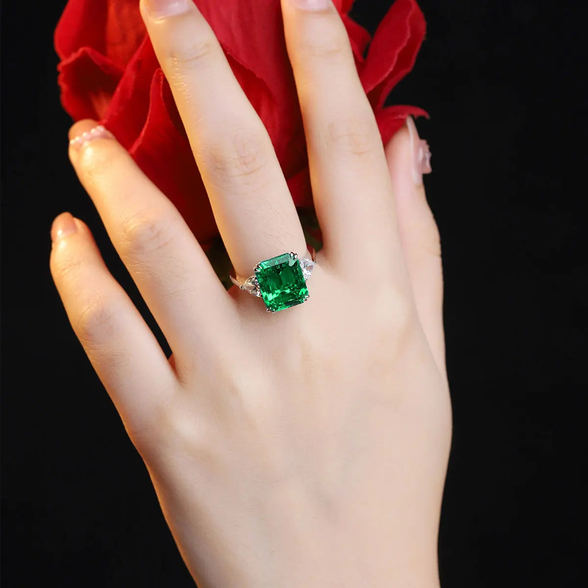 Lab Grown Emerald 3 Stone Ring 18K Real Gold Fine Jewelry Mothers Day Gift for Ladies