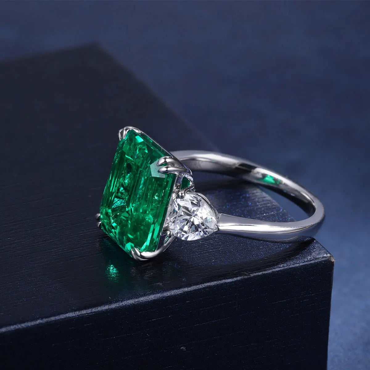 Lab Grown Emerald 3 Stone Ring 18K Real Gold Fine Jewelry Mothers Day Gift for Ladies