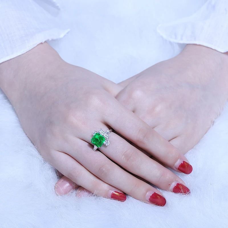 9*9mm Lab Grown Emerald Women Ring With 925 Silver Green Emerald Engagement Ring