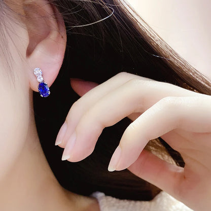 925 Silver 18K White Gold Plated 2.57ct Oval Blue Lab Grown Sapphire Gemstone Earrings