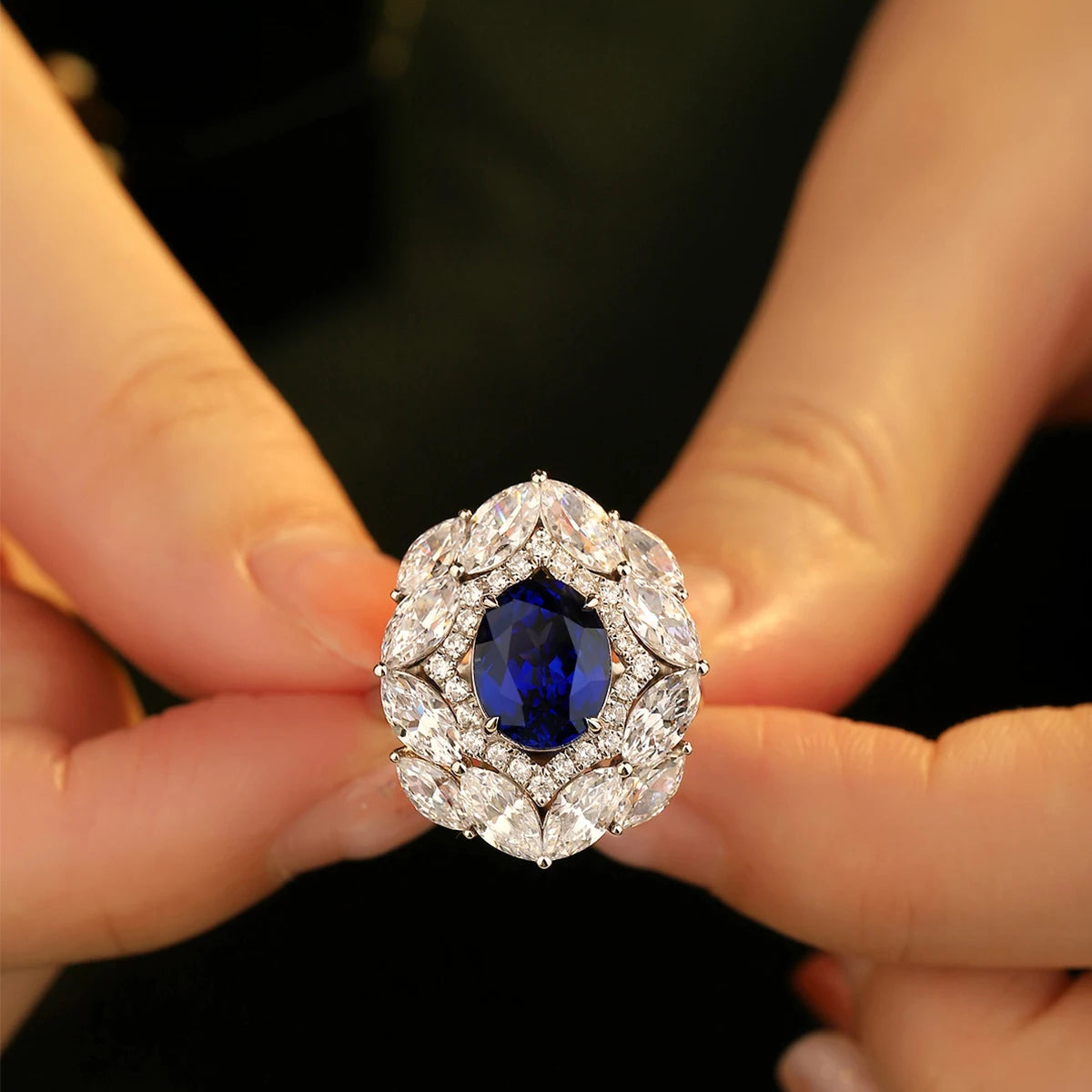 Luxury Royal Blue Lab Grown Sapphire Ring Pure 925 Silver Ring for Women Men
