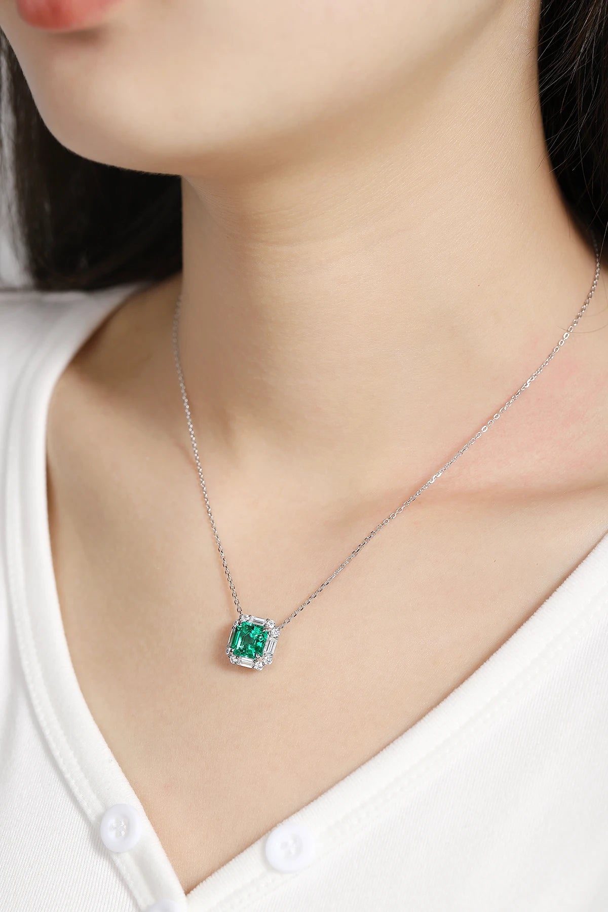 New Trendy Simple Lab Grown Emerald Pendant Asscher 8*8mm Sterling Silver Necklace Women Accessories Daily Wear for Gift