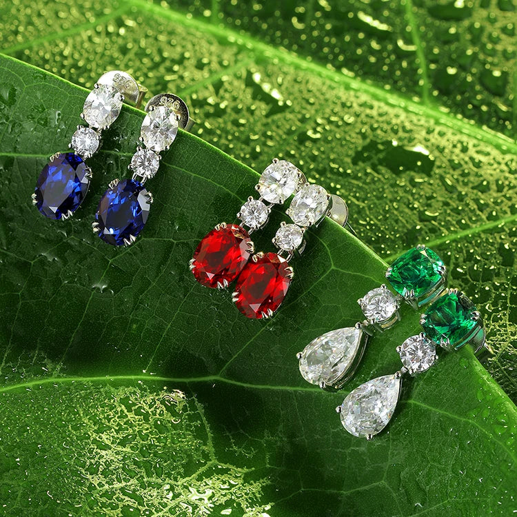 925 Silver 18K White Gold Plated 2.57ct Oval Blue Lab Grown Sapphire Gemstone Earrings