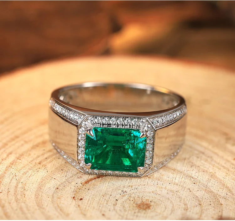2025 High Quality 925 Sterling Silver 3 Carats Colombian Muzu Color Lab-grown Emerald Men Ring