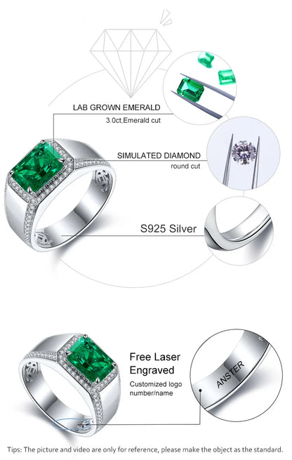 2025 High Quality 925 Sterling Silver 3 Carats Colombian Muzu Color Lab-grown Emerald Men Ring