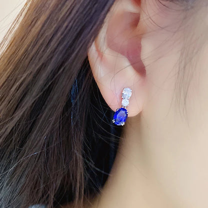 925 Silver 18K White Gold Plated 2.57ct Oval Blue Lab Grown Sapphire Gemstone Earrings