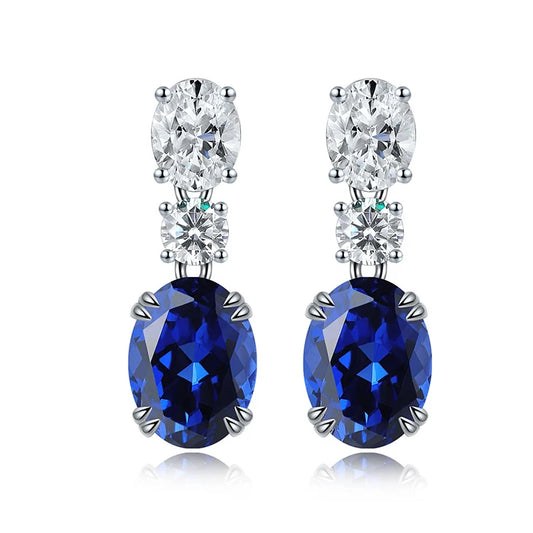 925 Silver 18K White Gold Plated 2.57ct Oval Blue Lab Grown Sapphire Gemstone Earrings