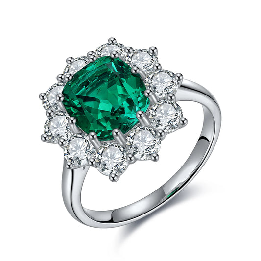 Fine Jewelry Ring Cushion Cut Lab Grown Colombian Emerald Stone 925 Sterling Silver Ring for Women