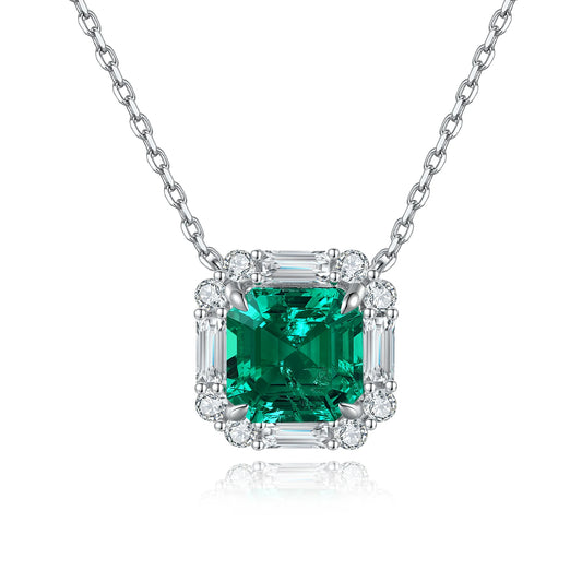 New Trendy Simple Lab Grown Emerald Pendant Asscher 8*8mm Sterling Silver Necklace Women Accessories Daily Wear for Gift