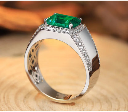 2025 High Quality 925 Sterling Silver 3 Carats Colombian Muzu Color Lab-grown Emerald Men Ring