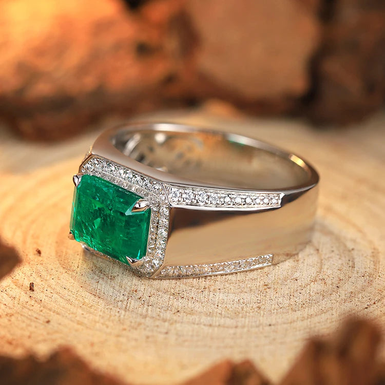 2025 High Quality 925 Sterling Silver 3 Carats Colombian Muzu Color Lab-grown Emerald Men Ring