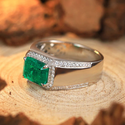 2025 High Quality 925 Sterling Silver 3 Carats Colombian Muzu Color Lab-grown Emerald Men Ring
