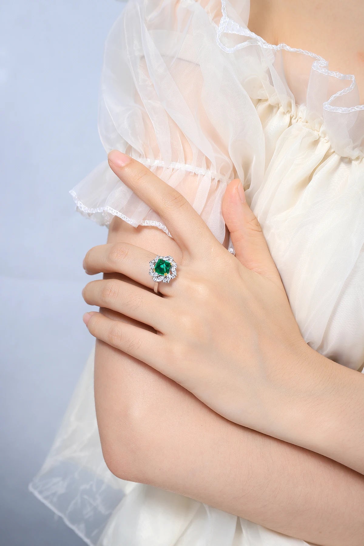High Quality Large Square Nano Emerald Green Stone 925 Silver Ring Wedding Jewelry