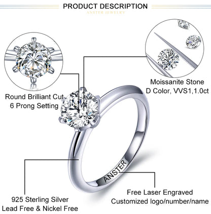 Fine Jewelry Sterling Silver 925 Moissanite Women Rings VVS With 1.0ct Moissanite Diamond
