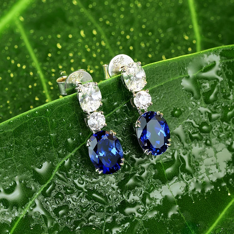 925 Silver 18K White Gold Plated 2.57ct Oval Blue Lab Grown Sapphire Gemstone Earrings
