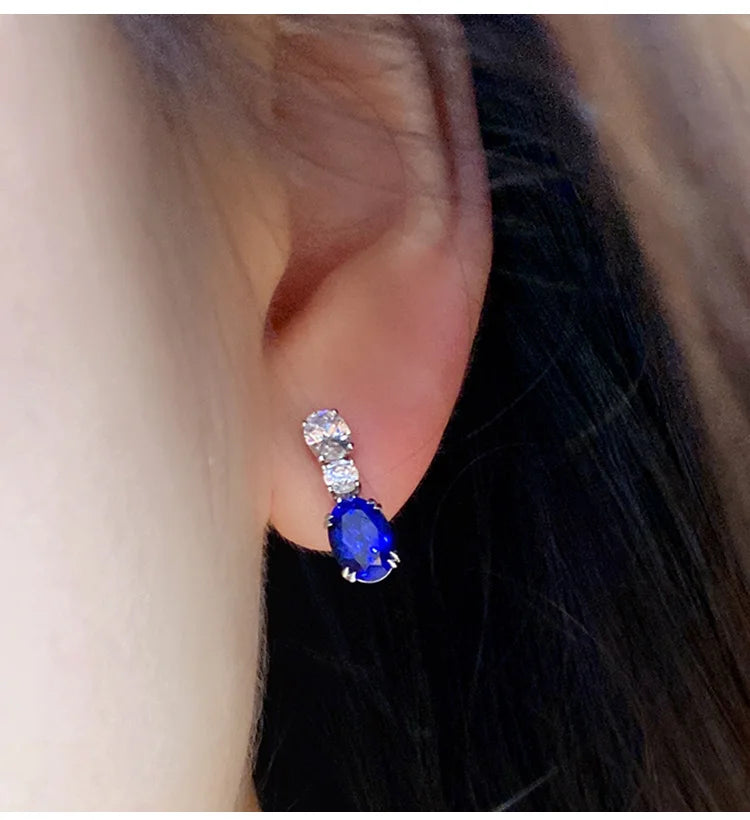925 Silver 18K White Gold Plated 2.57ct Oval Blue Lab Grown Sapphire Gemstone Earrings