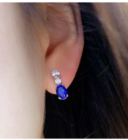 925 Silver 18K White Gold Plated 2.57ct Oval Blue Lab Grown Sapphire Gemstone Earrings